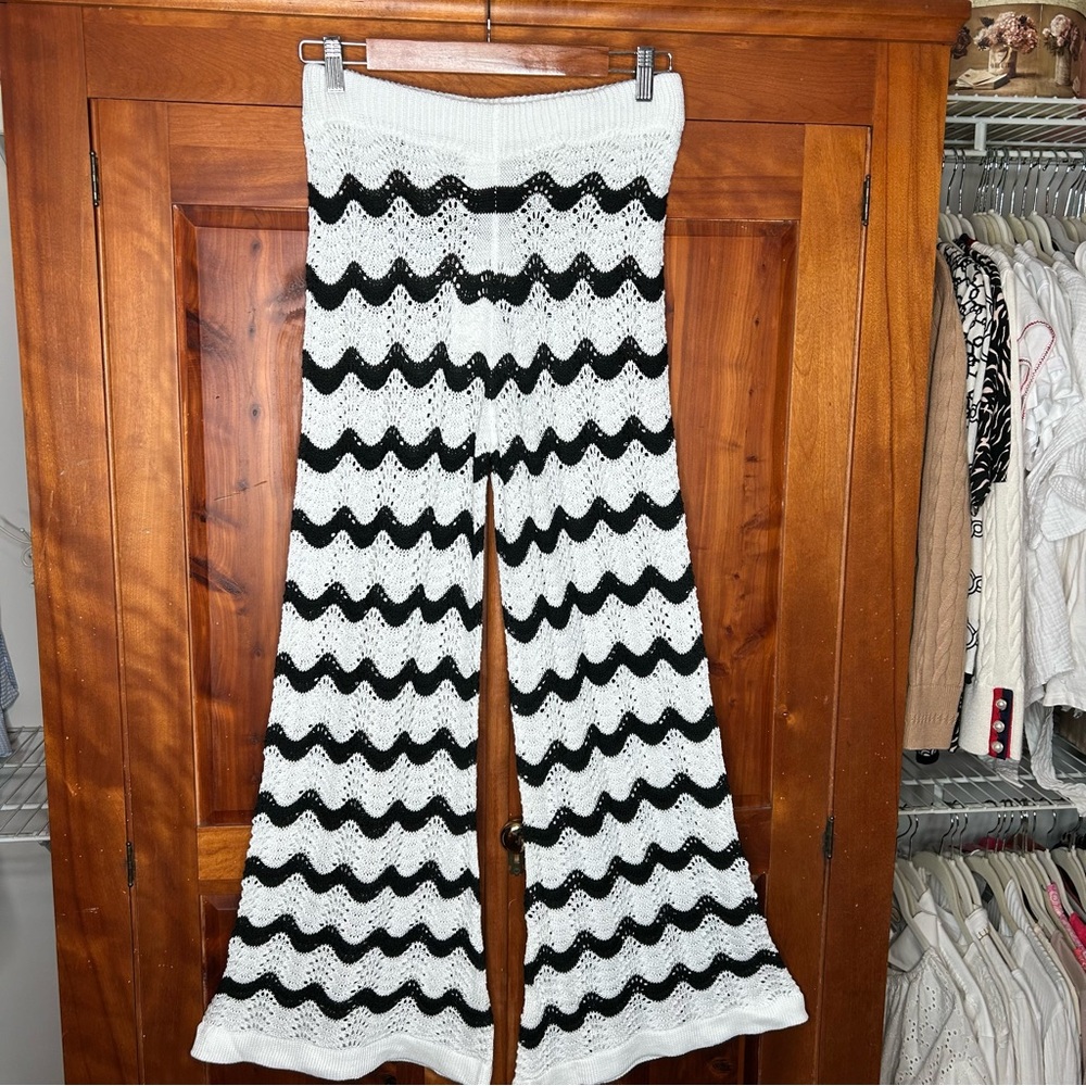 Cupshe No Signal Striped Black & White Crochet Wide Flared Leg Coverup Pants